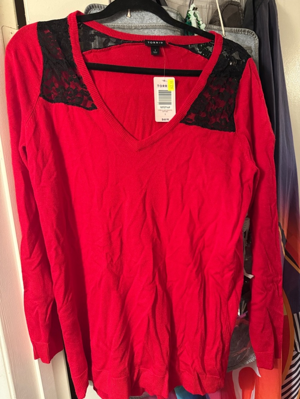 Torrid Red V-Neck Sweater with Black Lace Shoulder Panels
